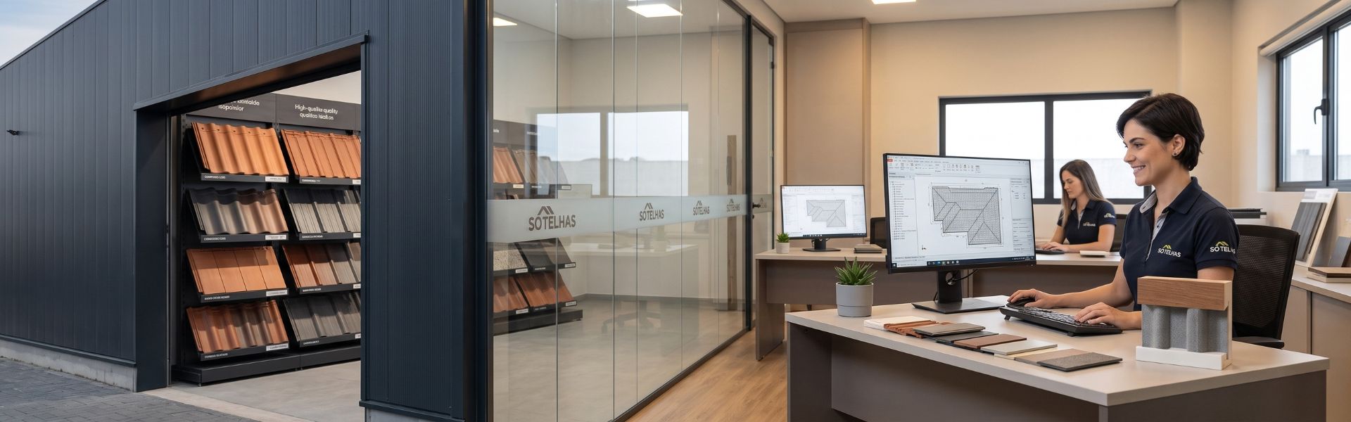 Showroom moderno de telhas com prateleiras expositoras de telhas cerâmicas em tons terracota e cinza, escritório envidraçado ao fundo com equipe trabalhando em computadores, ambiente industrial elegante, iluminação natural, fotografia profissional ultra-realista