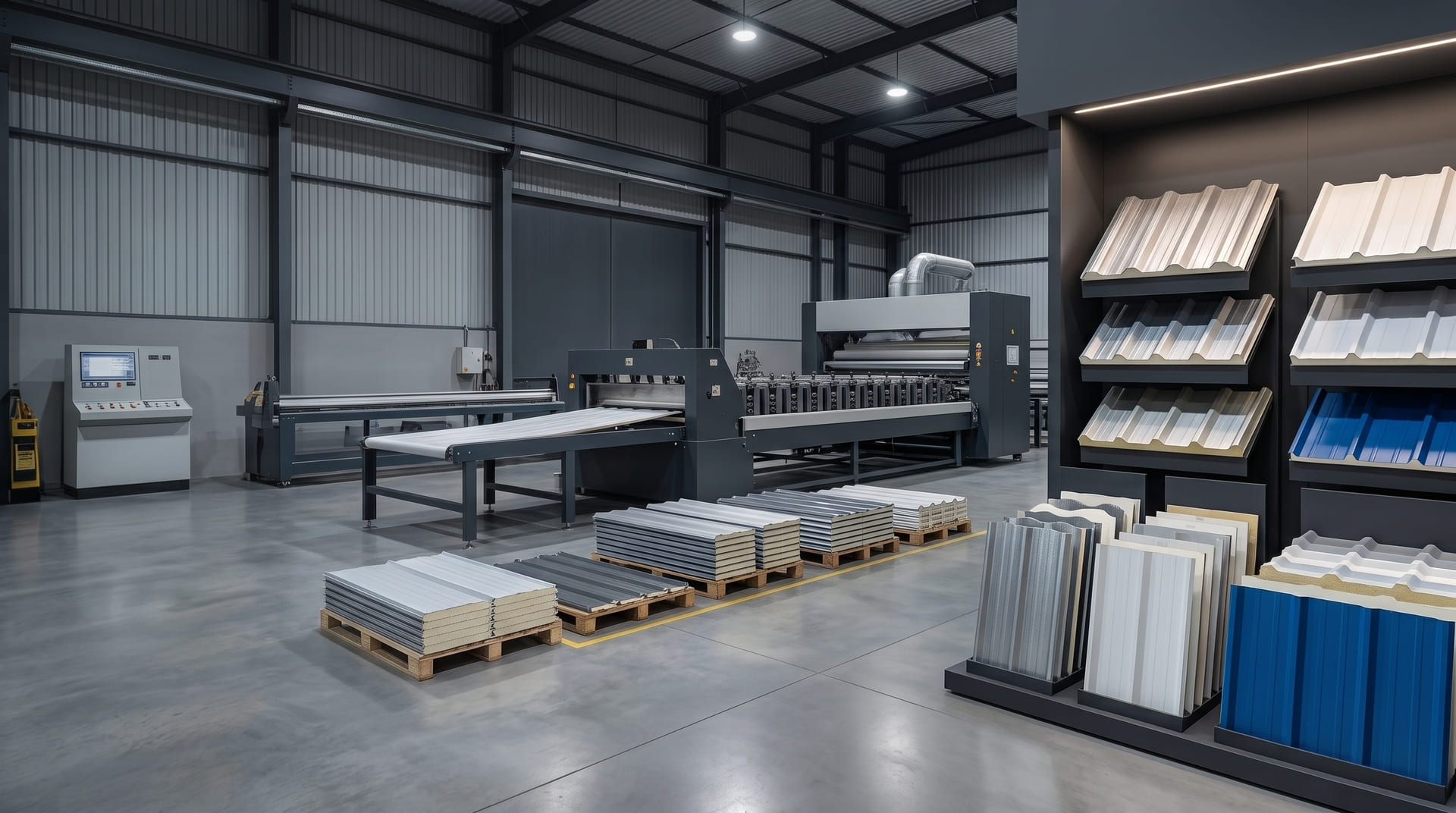 Interior de fábrica industrial de telhas metálicas isotérmicas com linha de produção, prateleiras expositoras com amostras de telhas em diversas cores, iluminação industrial azulada, ambiente amplo e organizado, fotografia profissional ultra-realista