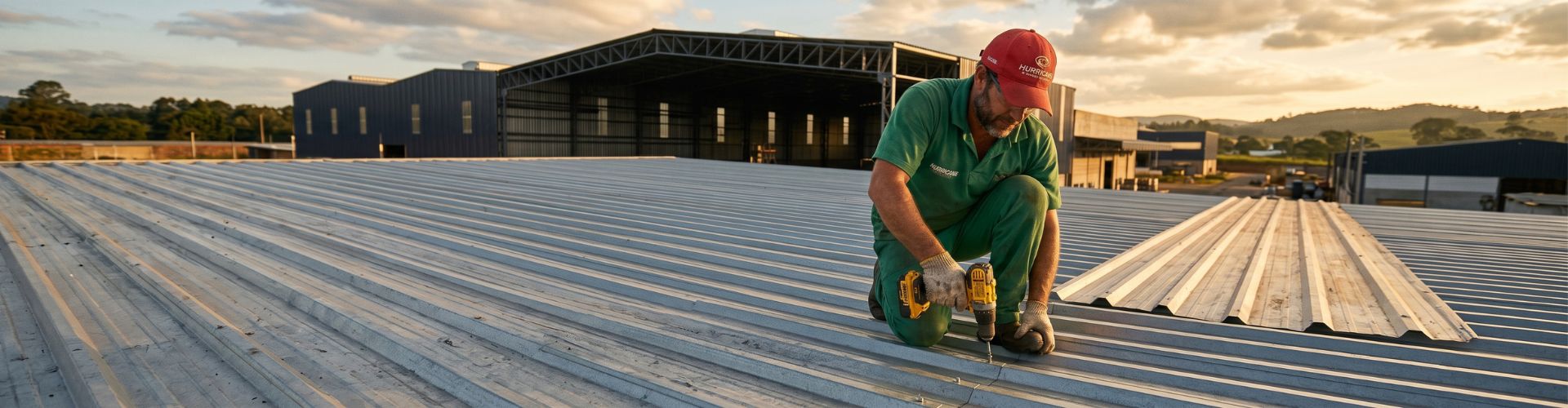 Trabalhador da construção civil de boné vermelho e uniforme verde instalando telha metálica isotérmica em galpão industrial, ao fundo galpões metálicos e paisagem rural ao entardecer, fotografia realista, luz dourada de fim de tarde