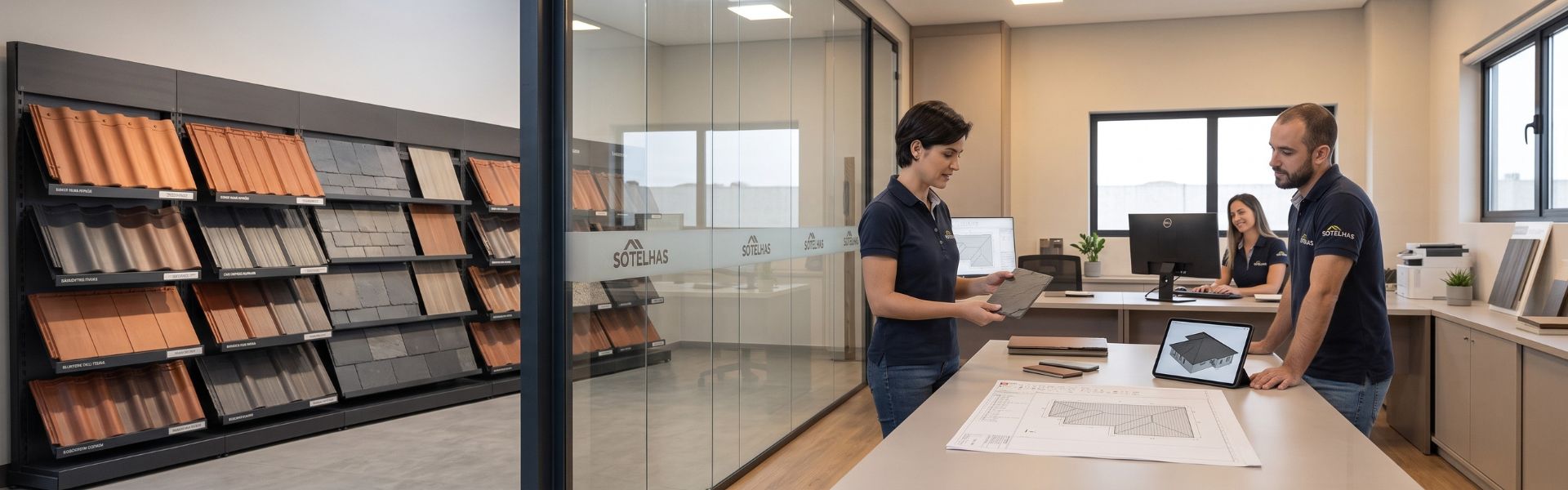 Showroom moderno da Só Telhas com mostruário de telhas e placas na parede, e equipe atendendo cliente em mesa com plantas e tablet, ambiente corporativo elegante em tons neutros