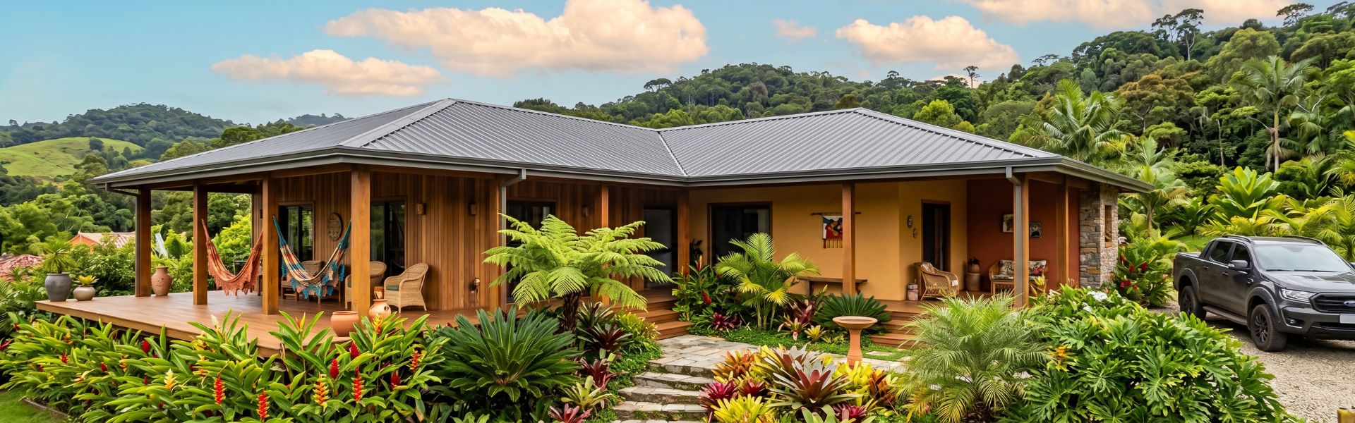 Casa moderna de campo com telhado metálico isotérmico cinza, ampla varanda de madeira, cercada por vegetação tropical exuberante, jardim florido e montanhas verdes ao fundo, céu azul com nuvens, fotografia realista de arquitetura